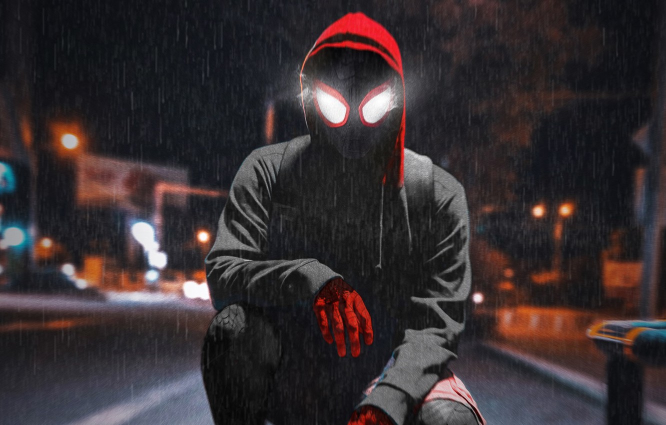 Wallpaper Night, Rain, Jacket, Spider Man, Spider Man, Spider Man Into The Spider Verse Image For Desktop, Section фильмы
