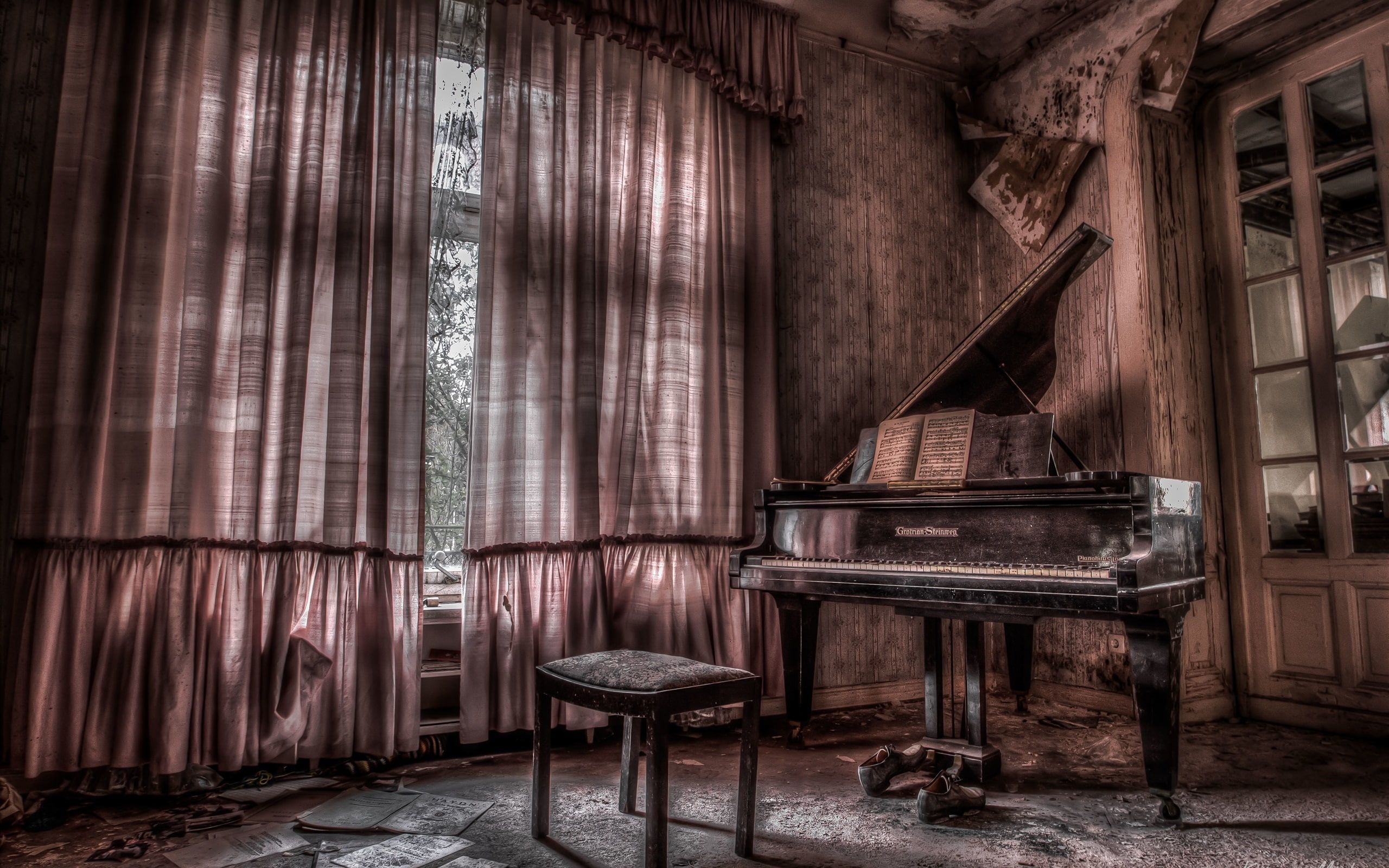 Room, piano, music, dust, brown grand piano
