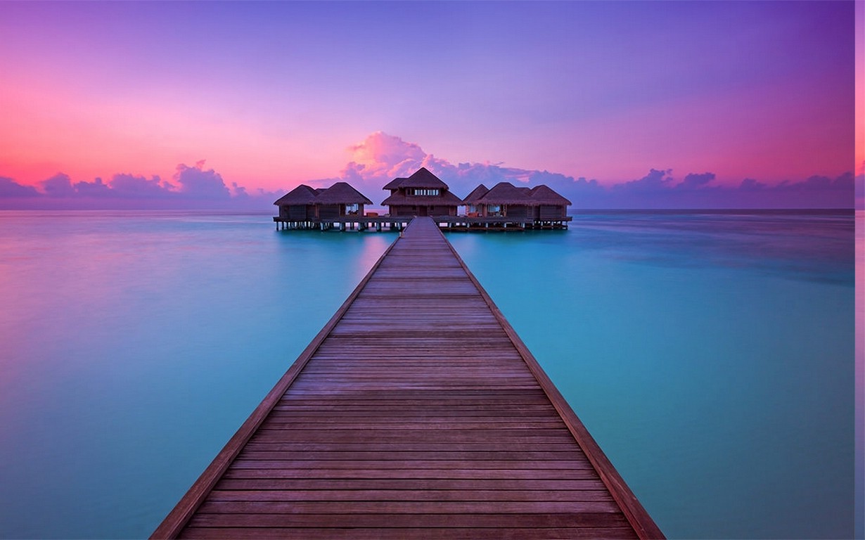 landscape, Nature, Walkway, Dock, Spa, Resort, Tropical, Sunrise, Clouds, Sea, Beach, Calm, Turquoise Wallpaper HD / Desktop and Mobile Background