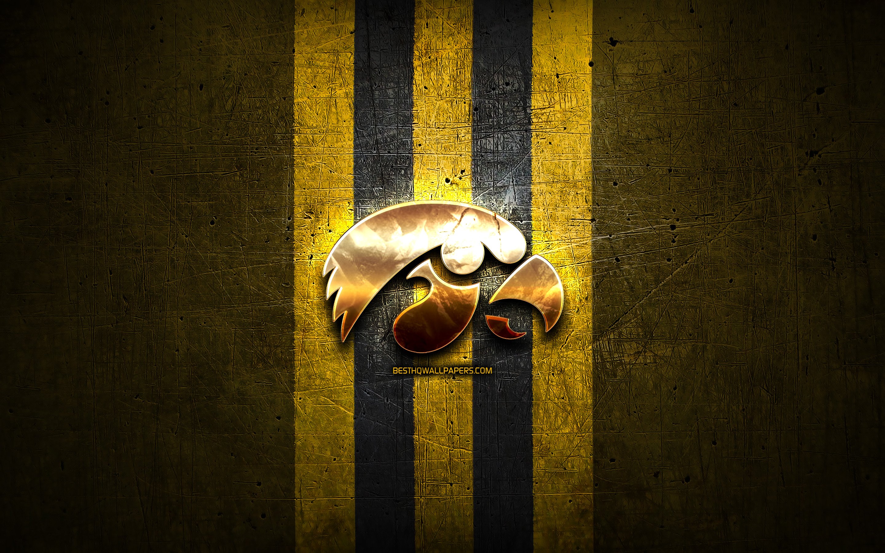 Download wallpaper Iowa Hawkeyes, golden logo, NCAA, yellow metal background, american football club, Iowa Hawkeyes logo, american football, USA for desktop with resolution 2880x1800. High Quality HD picture wallpaper