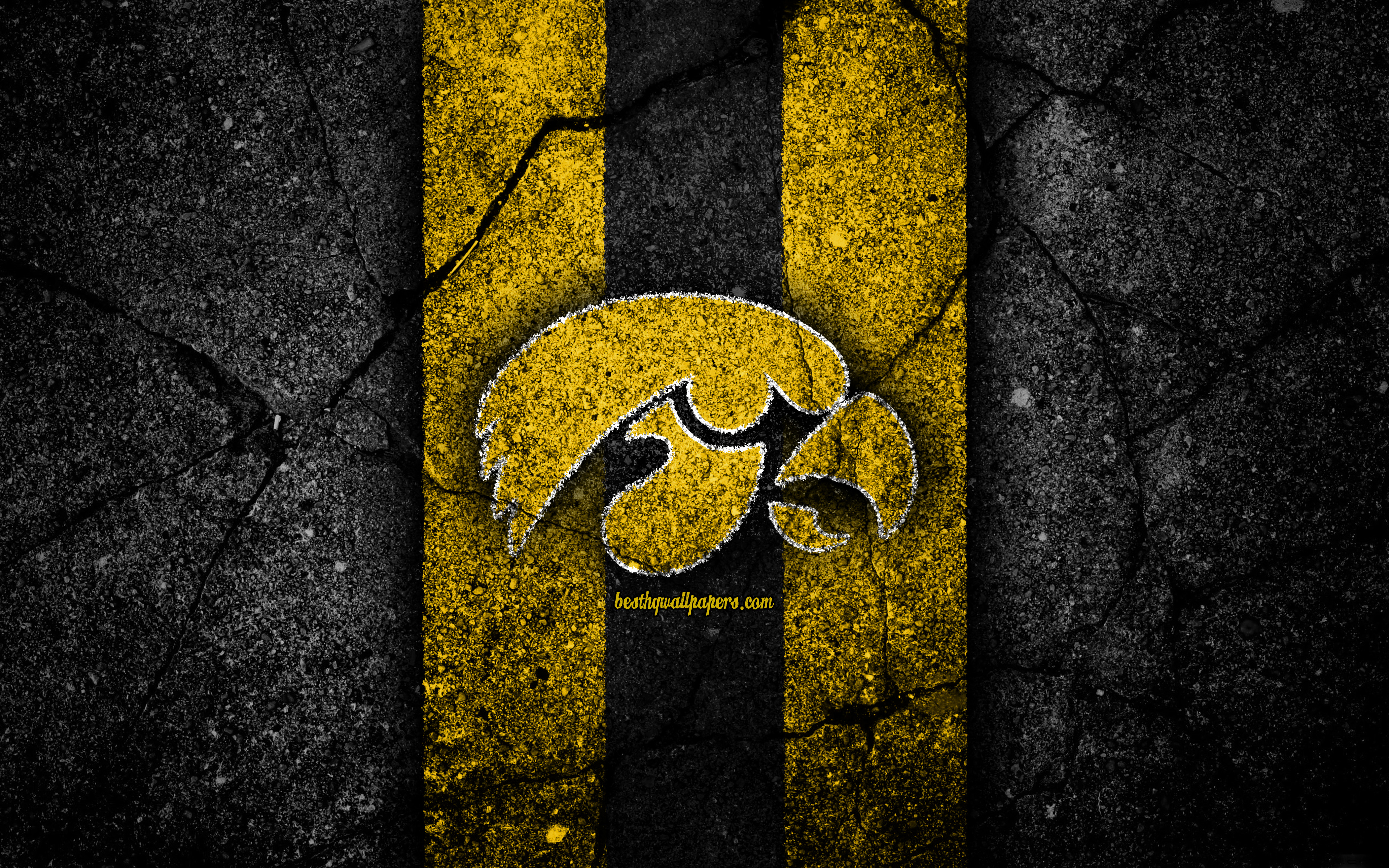 Download wallpaper Iowa Hawkeyes, 4k, american football team, NCAA, yellow black stone, USA, asphalt texture, american football, Iowa Hawkeyes logo for desktop with resolution 3840x2400. High Quality HD picture wallpaper