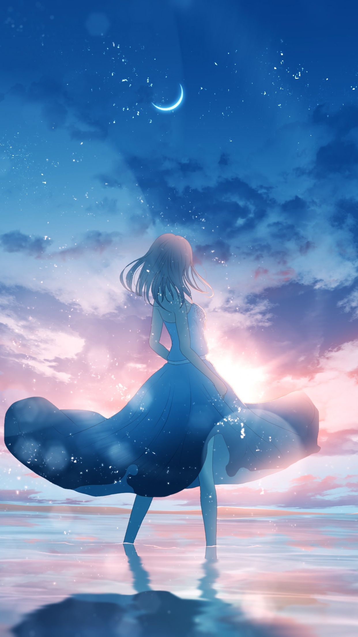 Anime girl Wallpaper 4K, Dream, Happy girl, Moon, Crescent Moon, Fantasy