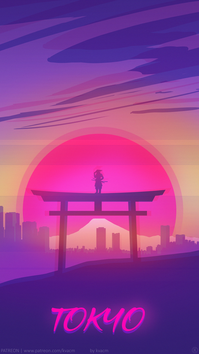 Michal Kváč #wallpaper #digital #City #retro sanime s #japan #tokyo #torii #sunset