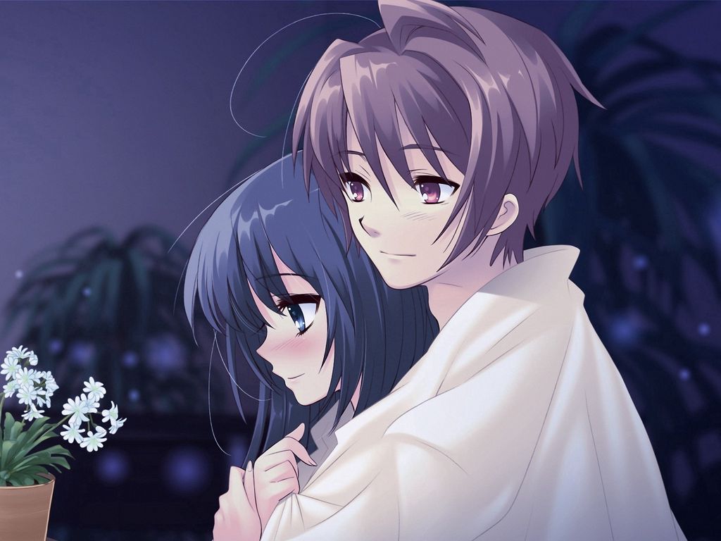 Download wallpaper 1024x768 anime, boy, girl, pot, flower, hug, tenderness standard 4:3 HD background