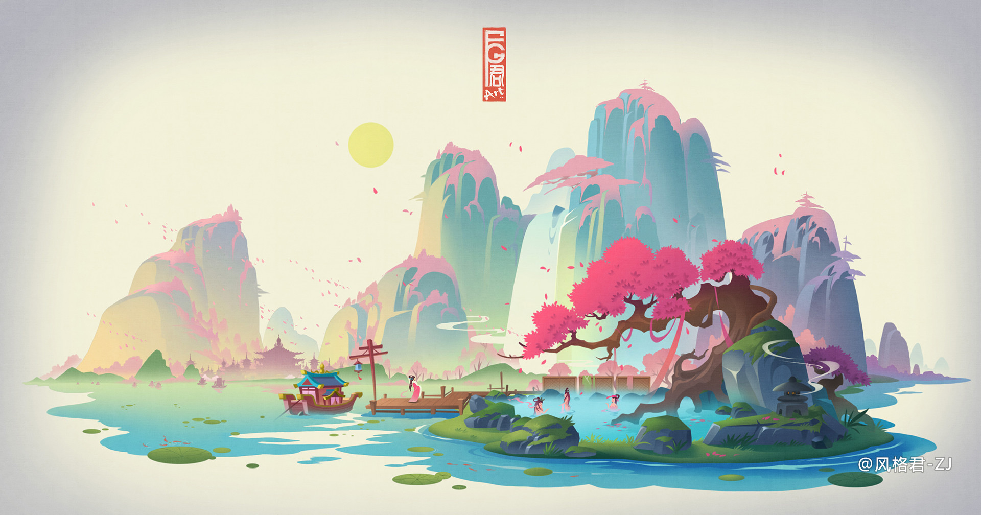 Jun Zhang, Asian architecture, white background, digital art, cherry blossom, hot spring, mountains, boatx1008 Wallpaper