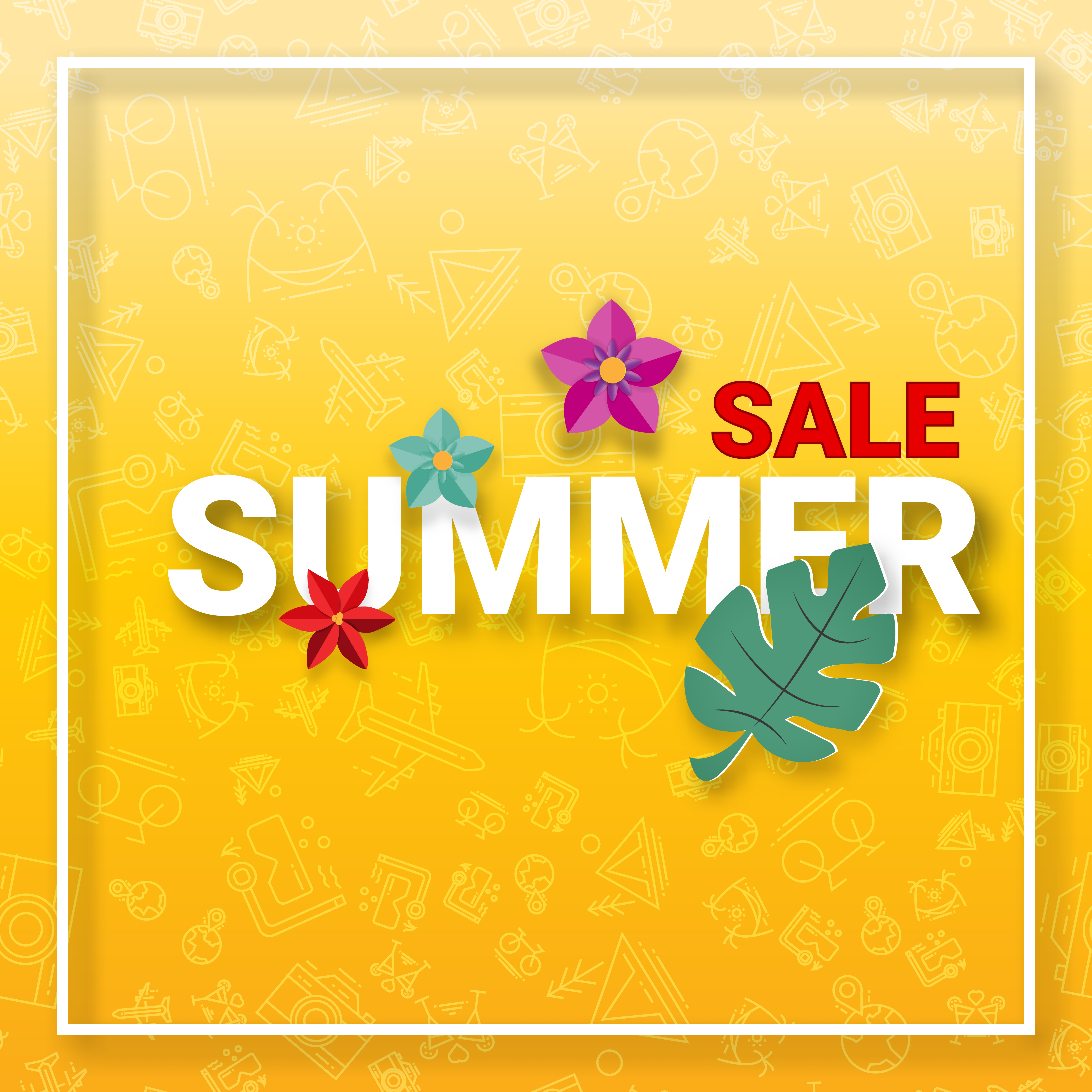 Summer sale background with summer activities icons and decorative flower in papercraft style. Digital craft and Hot promotion price tag banner wallpaper concept. Vector illustration