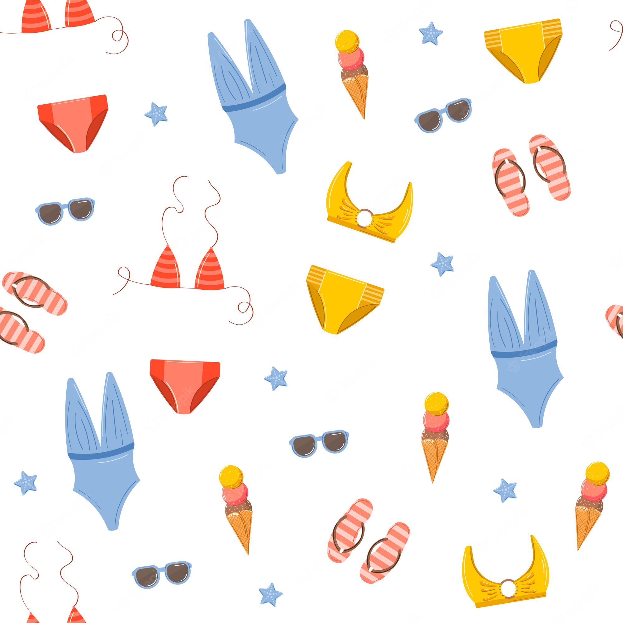 Premium Vector. Seamless pattern with summer clothes and accessories on white background sunglasses swimsuit