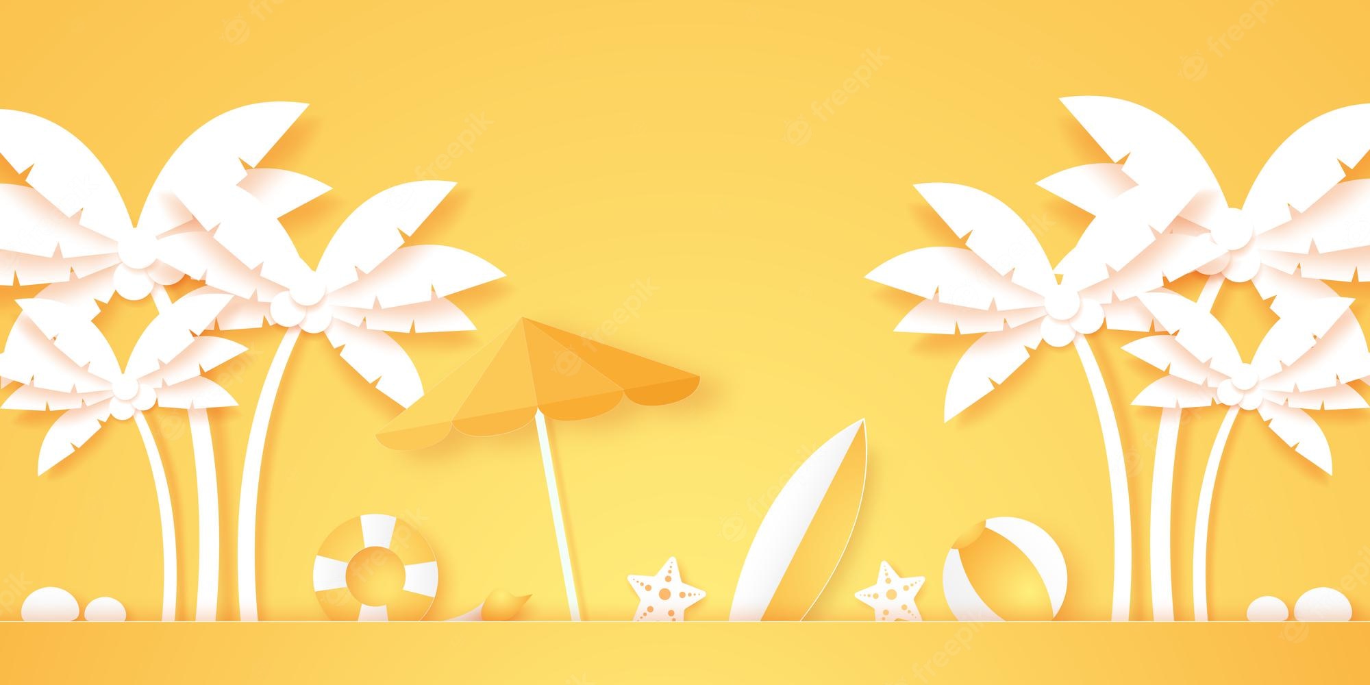 Premium Vector. Summer time, coconut palm tree with summer stuff, paper art style