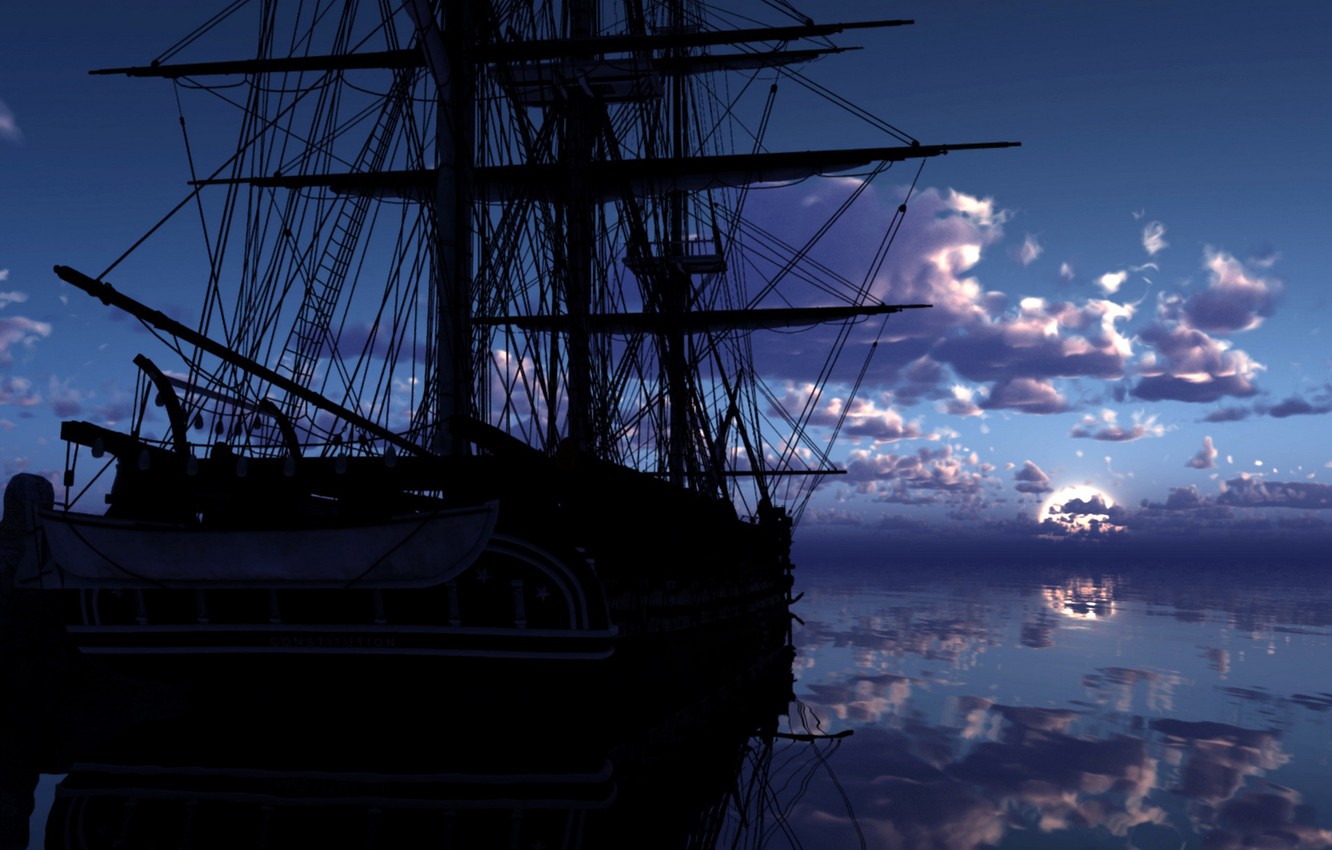 Wallpaper WATER, SHIP, ROPES, The SKY, CLOUDS, REFLECTION, MAST, SURFACE, SUNSET, MIRROR, SHADOWS, DAWN, SURFACE, The SHIP, SILHOUETTE, ROPE image for desktop, section разное