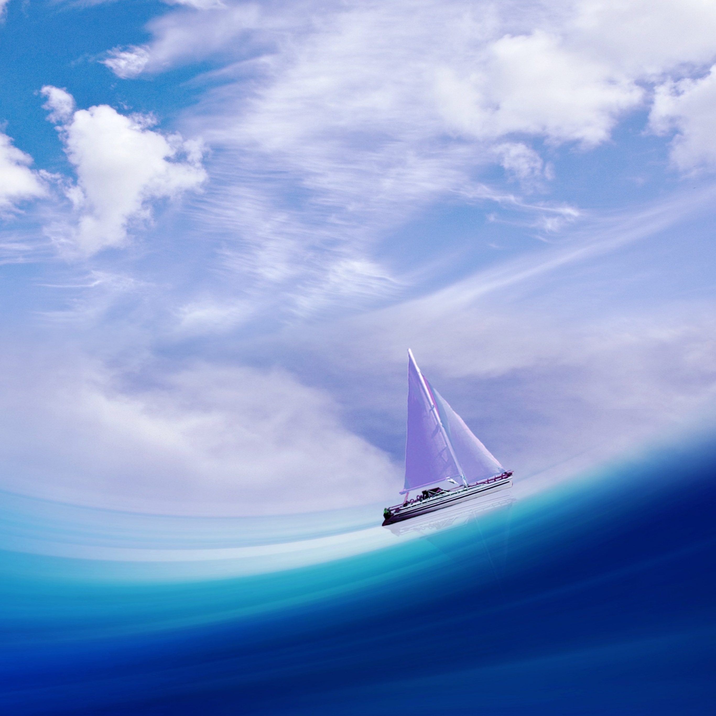 Sailing ship Wallpaper 4K, Illusion, Sea, Cloudy Sky, Blue Ocean, Surreal, Fantasy