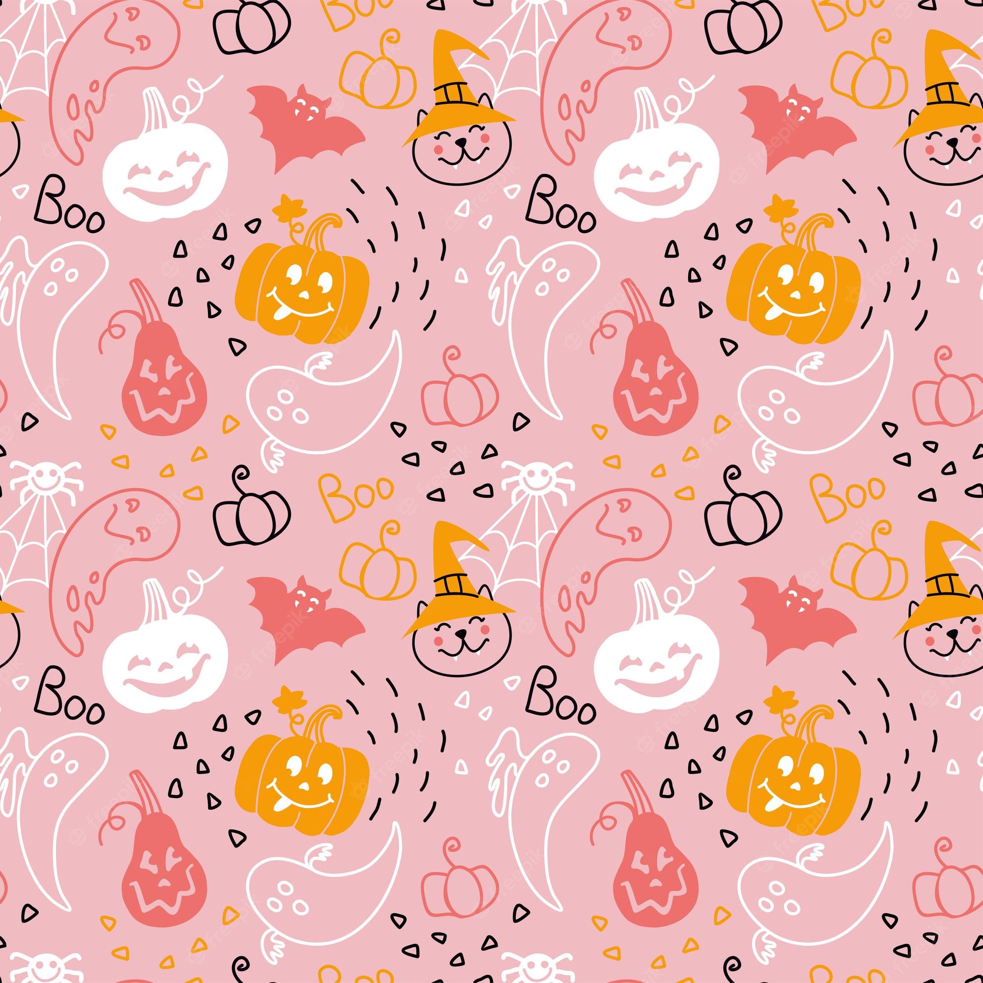Premium Vector. Halloween illustration on pink background cute seamless pattern for kids fabric wrapping textile