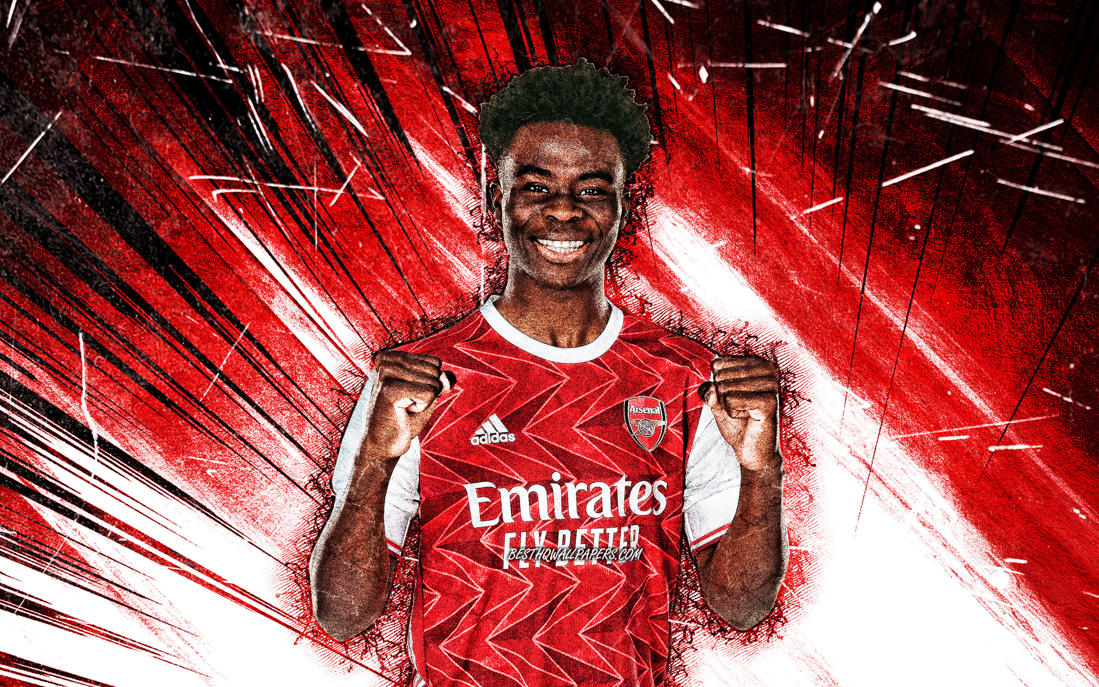 Download wallpaper 4k, Bukayo Saka, grunge art, English footballers, Arsenal FC, red abstract rays, soccer, Premier League, football, The Gunners, Bukayo Saka Arsenal for desktop with resolution 3840x2400. High Quality HD picture
