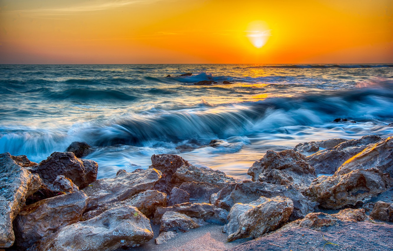 Wallpaper sea, sunset, stones, FL, Florida, Gulf of Mexico, Caspersen Beach, Sarasota, Gulf of Mexico, Sarasota County image for desktop, section пейзажи
