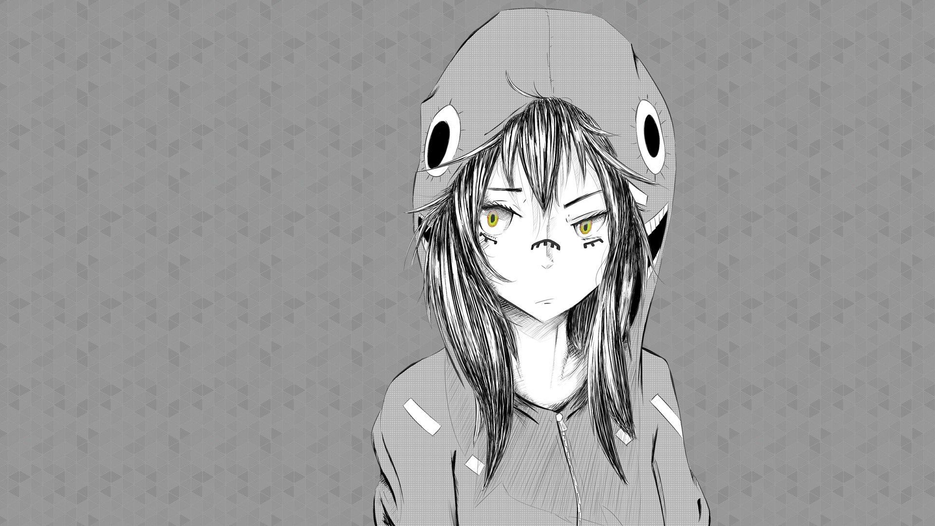 Download wallpaper 1920x1080 anime, girl, graphic, hat, black white HD background