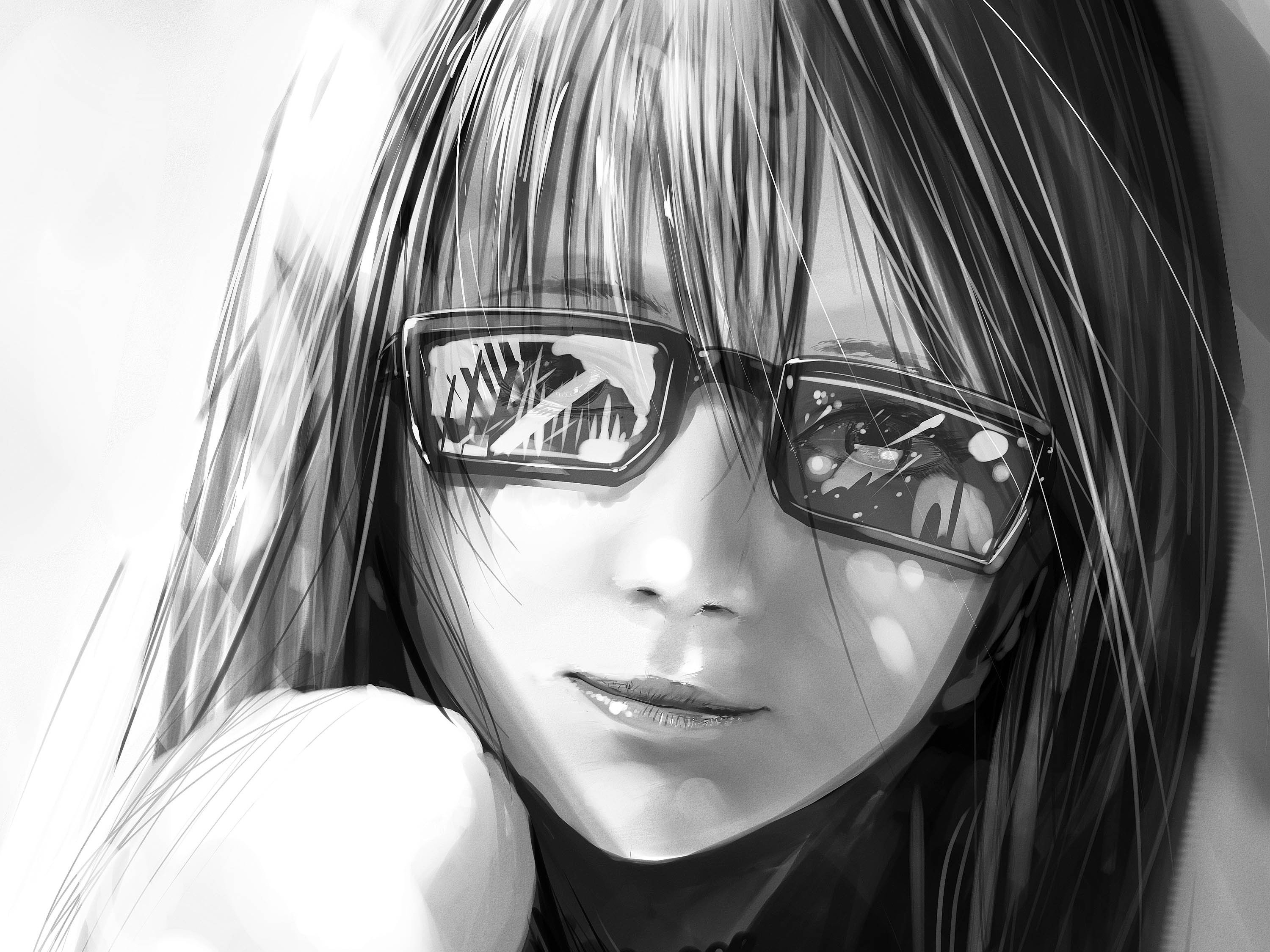 anime, smiling, glasses, black and white, girl (3000x2250px) on Wallls.com