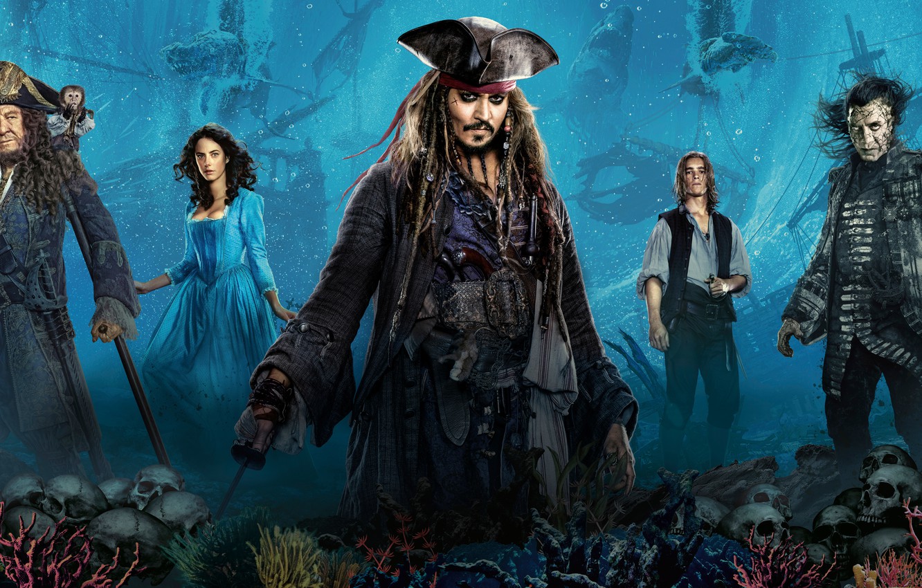 Wallpaper sea, Johnny Depp, ships, the bottom, fantasy, monkey, skull, Johnny Depp, Pirates of the Caribbean, poster, Jack Sparrow, Javier Bardem, Javier Bardem, Geoffrey Rush, Geoffrey Rush, Kaya Scodelario image for desktop