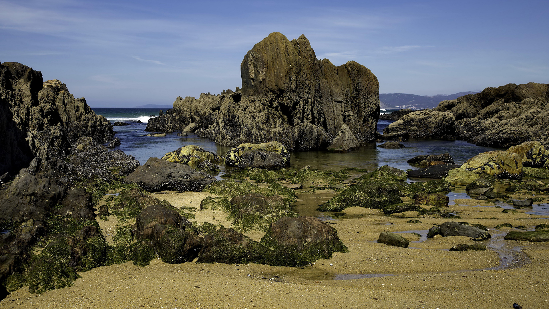 Photo Spain Ribeira Galicia Cliff Nature Moss Coast Stones 1920x1080