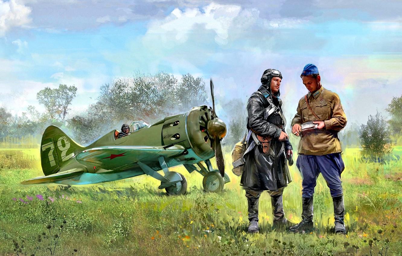 Wallpaper Grass, fighter, -16, THE RED ARMY AIR FORCE, Pilots, Radial engine image for desktop, section авиация