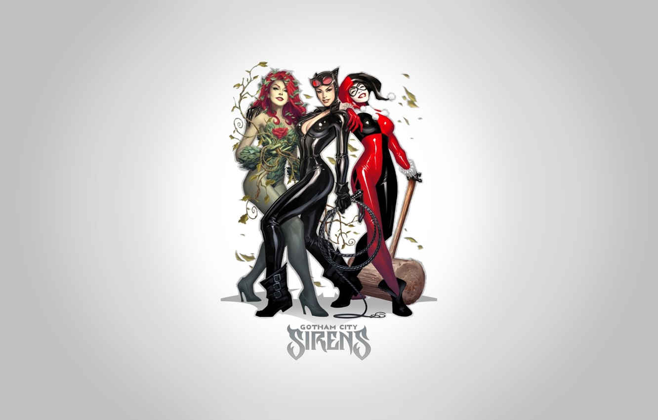 Wallpaper fantasy, girls, art, background, comics, artwork, superheros, DC Comics, Catwoman, Selina Kyle, Harley Quinn, Poison Ivy, Pamela Lillian Isley, sirens, Harleen Frances Quinzel, Gotham City image for desktop, section фантастика