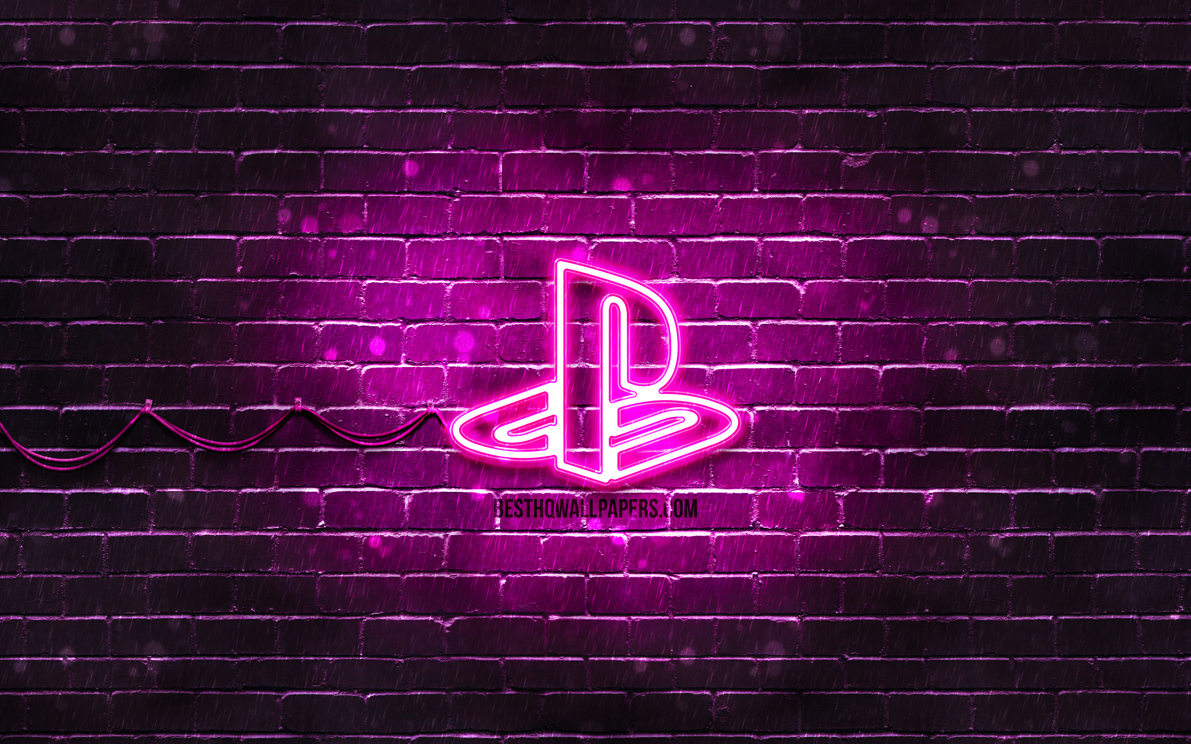 Download wallpaper PlayStation purple logo, 4k, purple brickwall, PlayStation logo, brands, PlayStation neon logo, PlayStation for desktop with resolution 3840x2400. High Quality HD picture wallpaper
