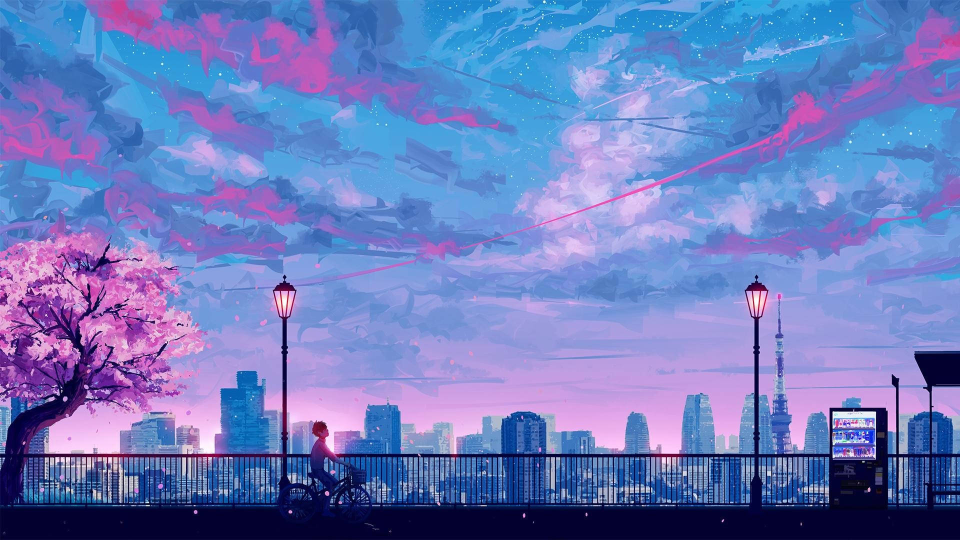 Download Purple Sky Anime City Wallpaper