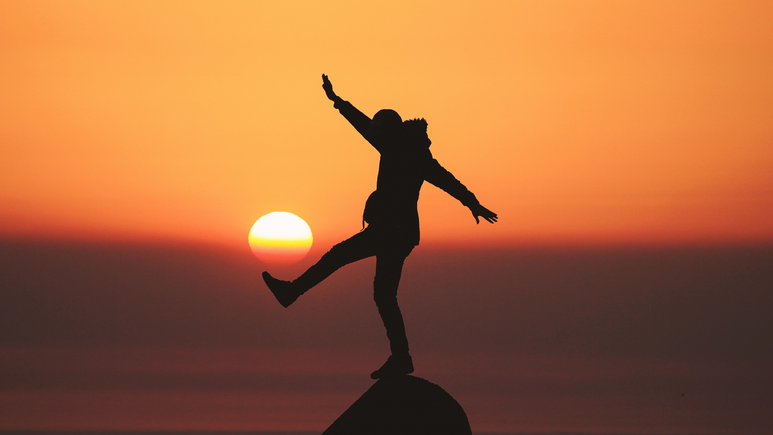 Silhouette Wallpaper 4K, Person, Balance, Sunset, Orange sky, Dawn, Photography