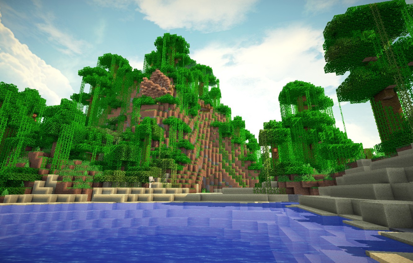 Wallpaper water, trees, mountains, minecraft, vines image for desktop, section игры
