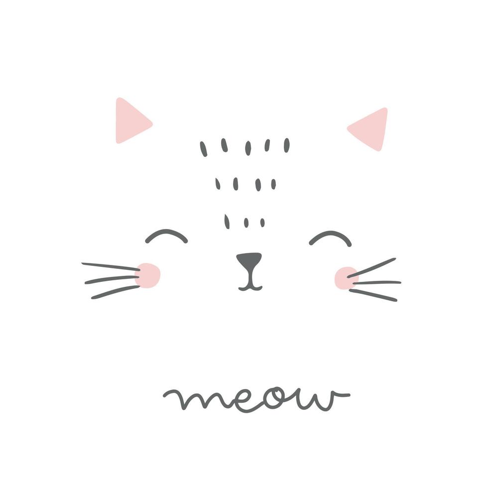 Cute cat face in hand drawn style with hand lettering meow. Cute cat face. Girl children vector doodle illustration