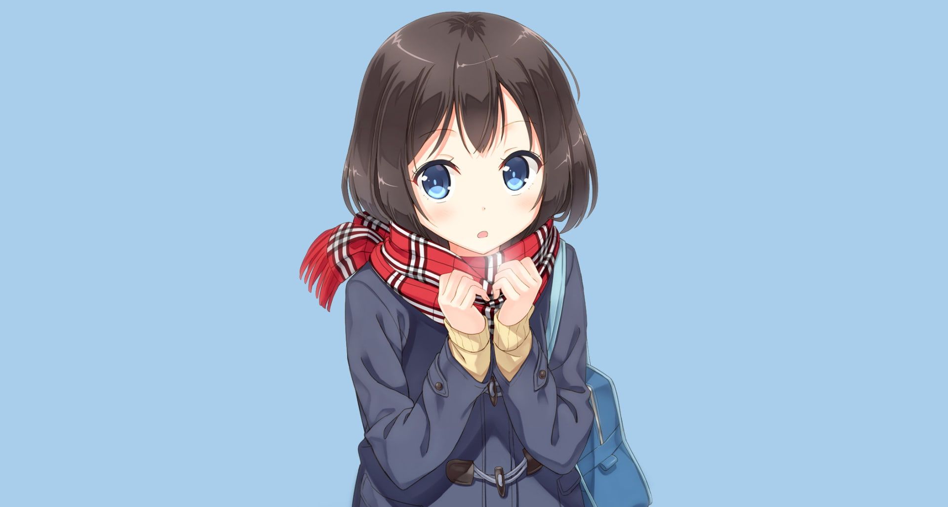 Anime #Original #Bag Blue Eyes Brown Hair #Girl Original (Anime) #Scarf School Uniform Short Hair P #wallpaper. Anime, Brown hair blue eyes, Short hair blue