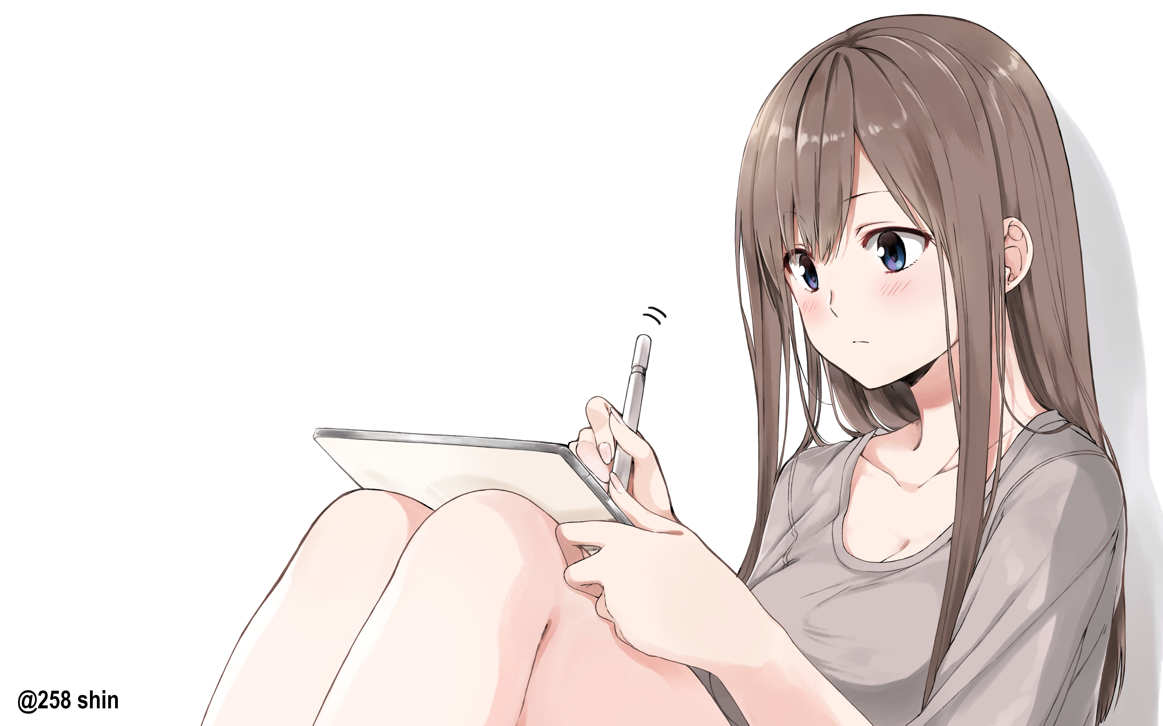Blue Eyes Brown Hair Girl Long Hair Original Anime Pen Wallpaper:3890x2427