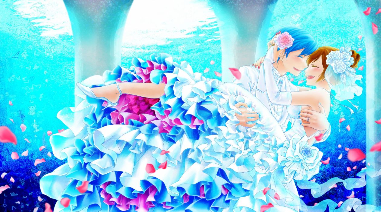 Brunettes water Vocaloid gloves flowers brown Kaito (Vocaloid) blue hair short hair anime boys closed eyes wedding dresses Meiko anime girls wallpaperx2000