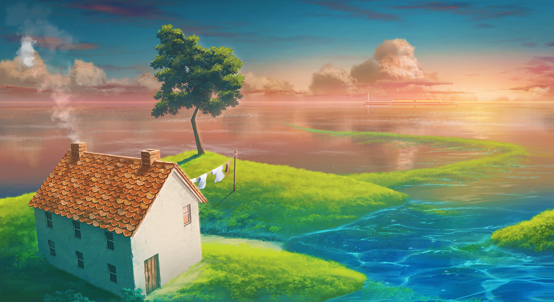 House on the hill around the water morning 4K live wallpaper [DOWNLOAD FREE]