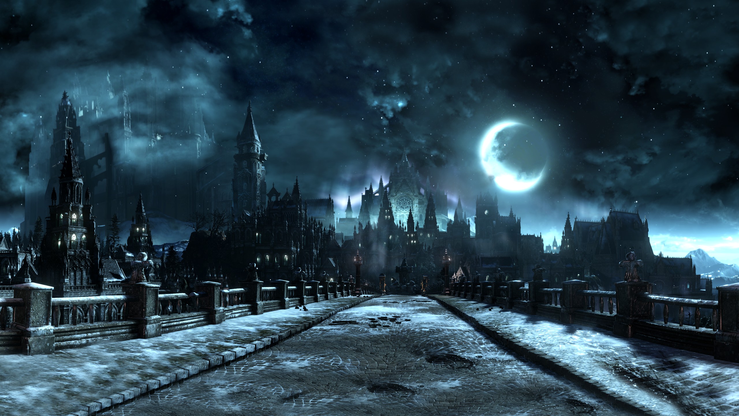 Dark Souls III, Video games, Castle, Cathedral, Bridge, Moon, Screen shot, Village Wallpaper HD / Desktop and Mobile Background