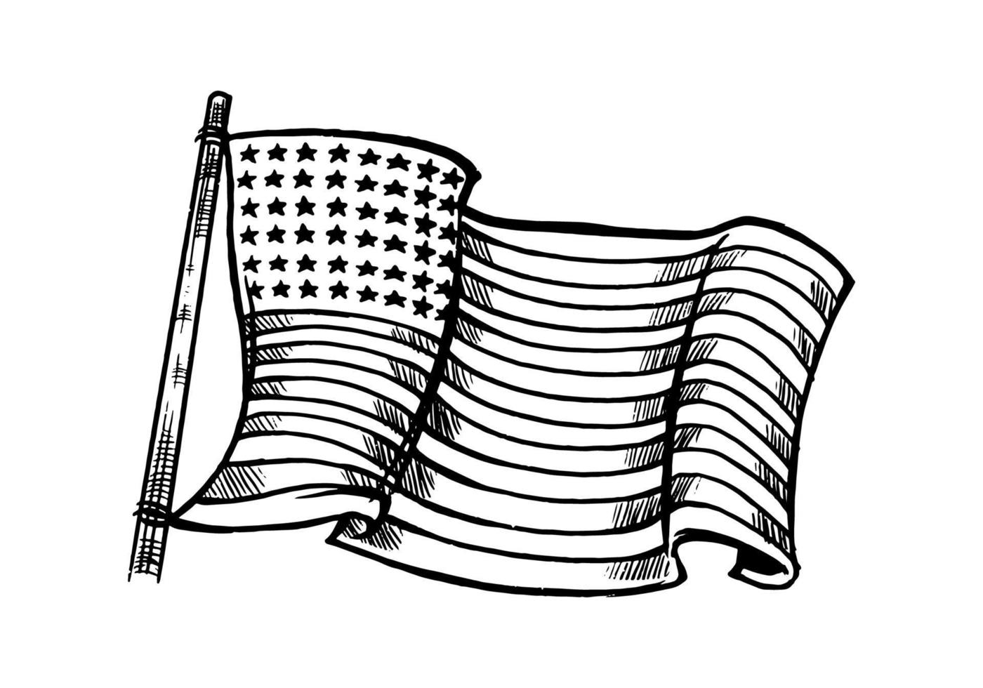 Hand Drawn Black White American Flag Element Isolated On White Background. Monochrome American Flag Illustration For Symbol, Emblem, Background, Wallpaper Or T Shirt Isolated On White Background
