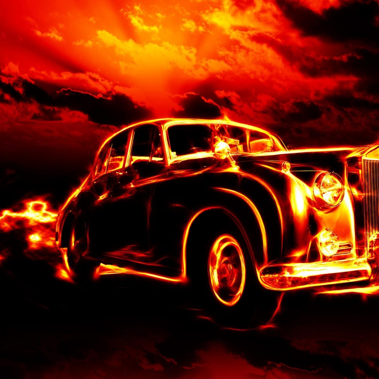 Vintage car in flames