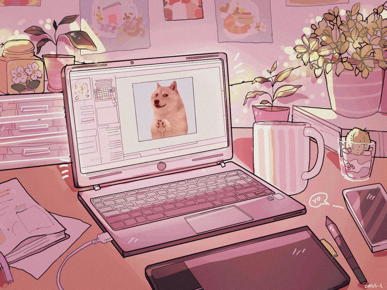 Pink laptop wallpaper edit with a cute blushing doge