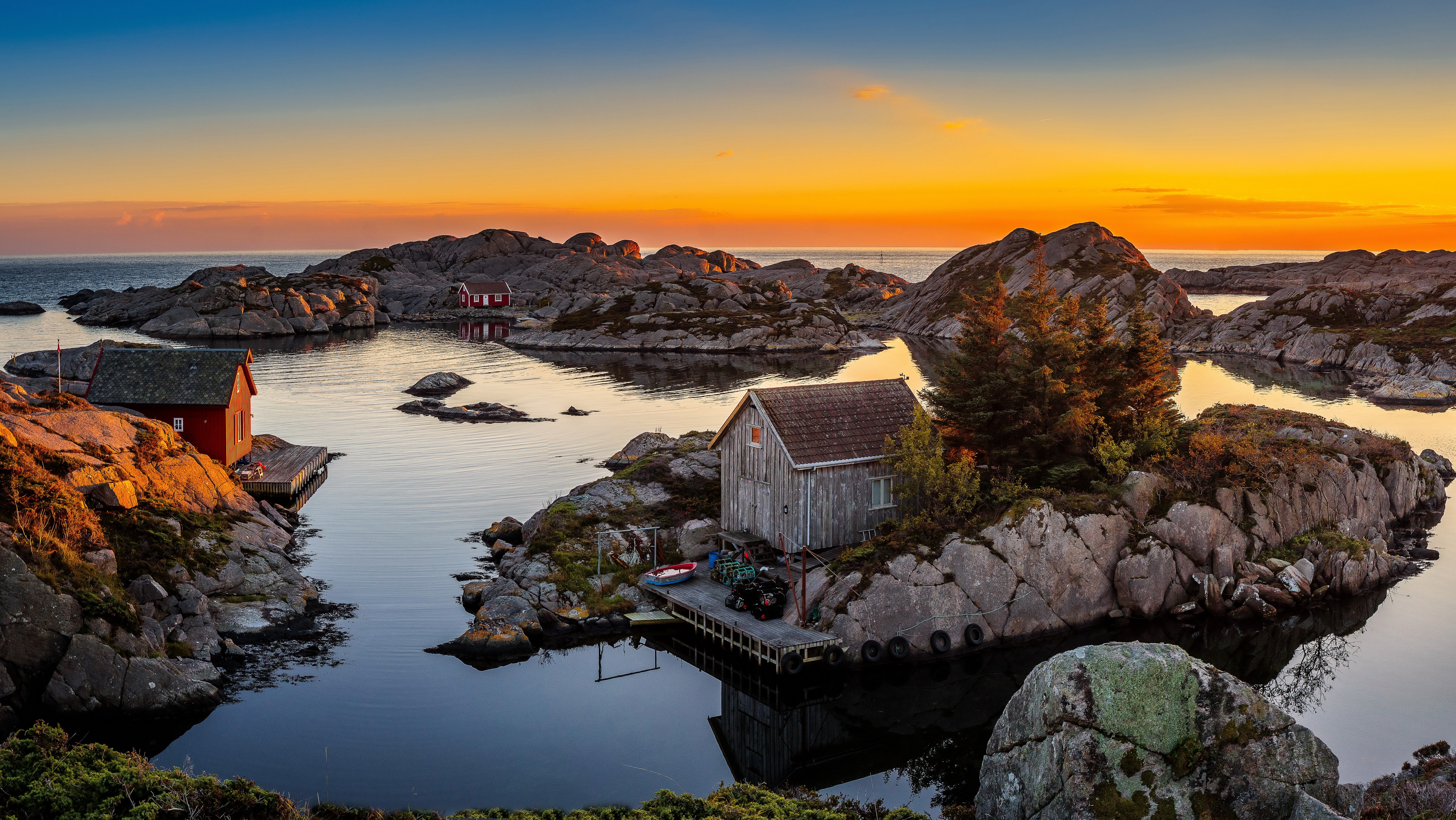 4K, 5K, Bjerkreim Rogaland, Norway, Sunrises and sunsets, Lake, Houses, Crag Gallery HD Wallpaper