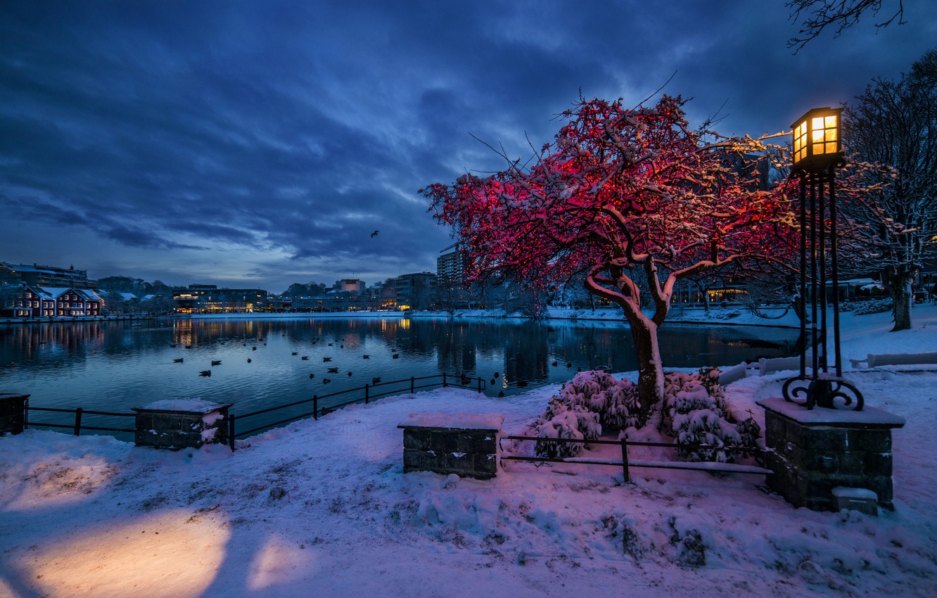 Wallpaper winter, snow, lights, Norway, lantern, Stavanger, Rogaland, the evening twilight image for desktop, section город