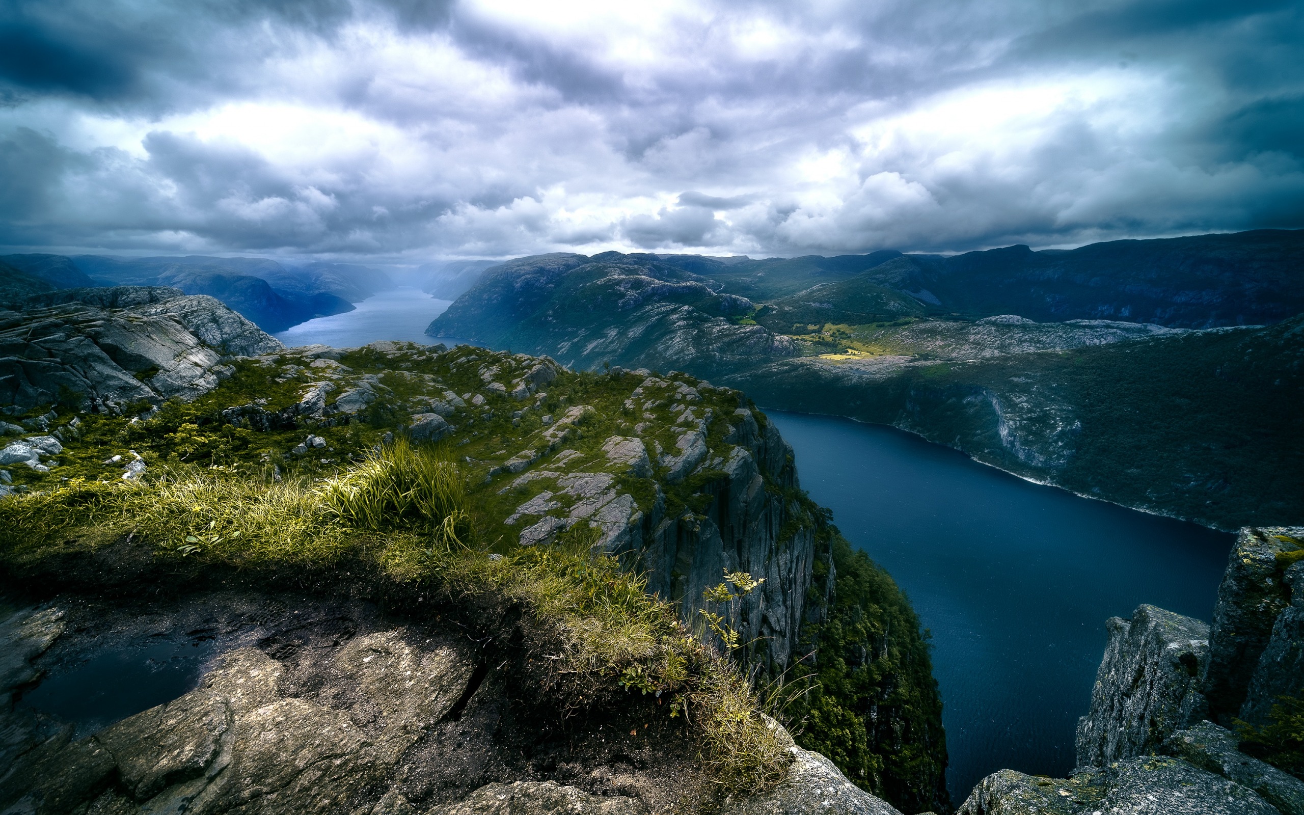 Download wallpaper fjord, mountains, mountain landscape, cloudy weather, Lysefjorden, Ryfylke, Rogaland, Norway for desktop with resolution 2560x1600. High Quality HD picture wallpaper