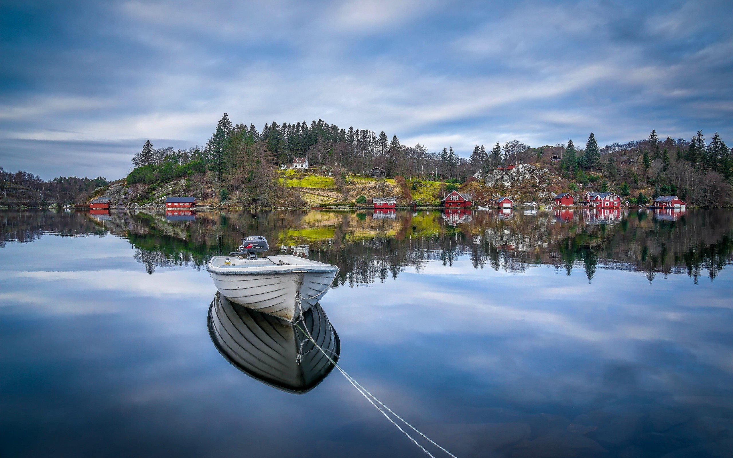 Download wallpaper bay, wooden boat, evening, Egersund, Rogaland, Norway for desktop with resolution 2560x1600. High Quality HD picture wallpaper