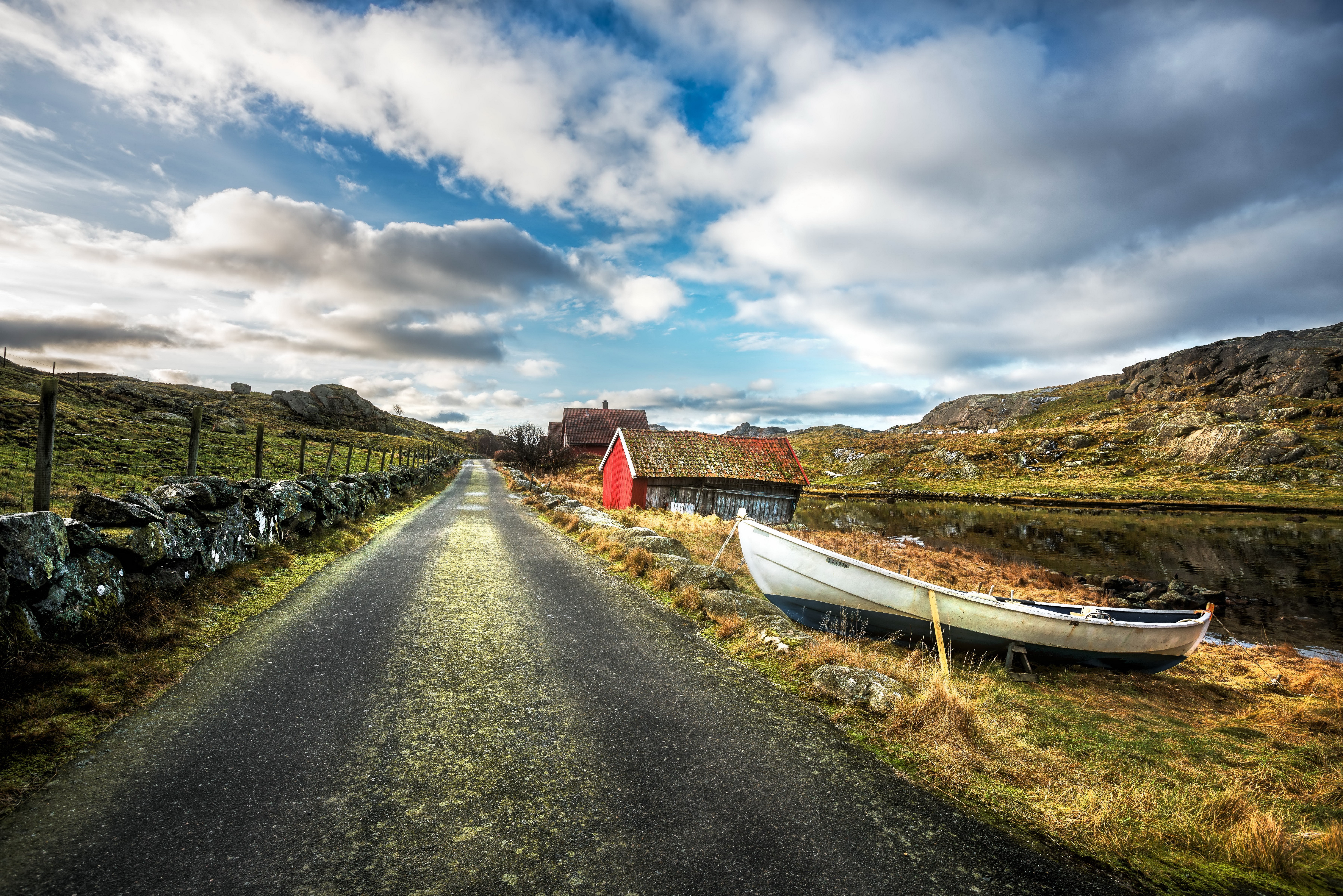 4K, 5K, 6K, 7K, Nymark Rogaland, Norway, Roads, Boats, Sky, Houses, Clouds, Fence Gallery HD Wallpaper