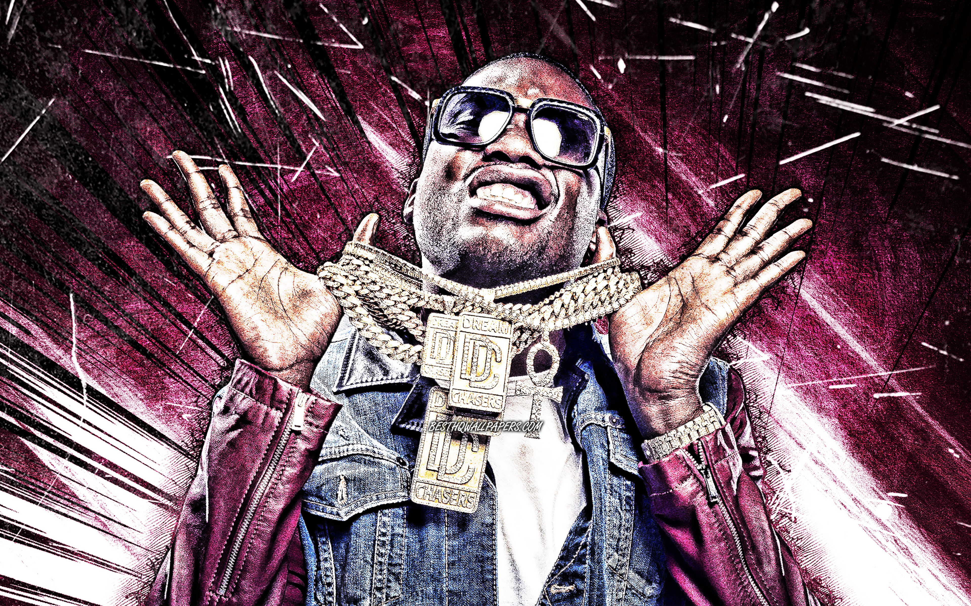 Download wallpaper 4k, Meek Mill, grunge art, american rapper, music stars, creative, Robert Rihmeek Williams, american celebrity, purple abstract rays, Meek Mill 4K for desktop with resolution 3840x2400. High Quality HD picture
