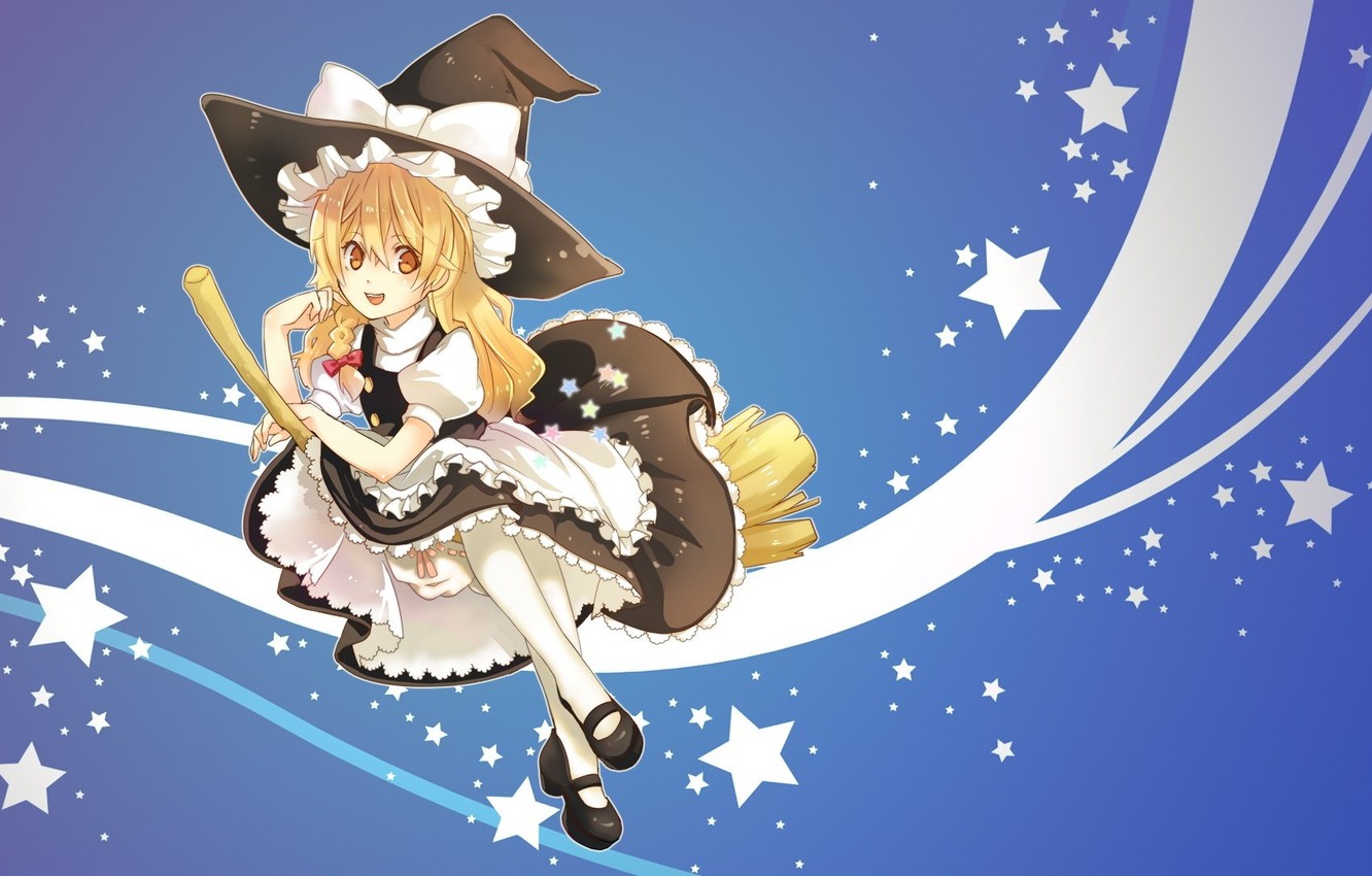 Wallpaper flight, witch, broom, stars, touhou, ruffles, Kirisame Marisa, witch hat, Touhou Project, Project East image for desktop, section игры