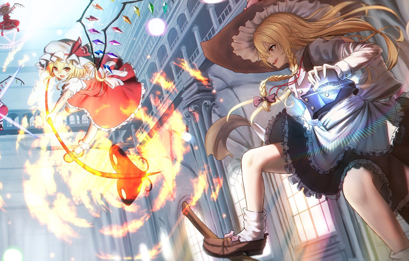 Wallpaper girls, fire, magic, girls, the battle, Touhou, Marisa Kirisame, Flandre Scarlet, Touhou, Touhou image for desktop, section прочее