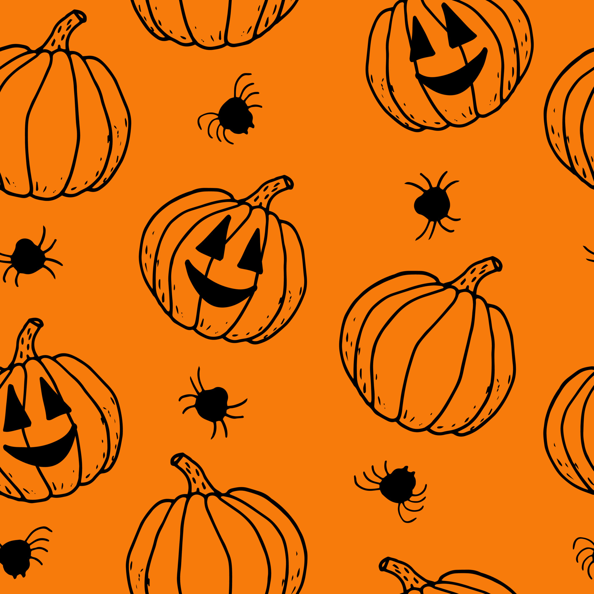 halloween seamless pattern. pumpkins and spiders hand drawn doodle. vector, scandinavian, nordic, minimalism, monochrome. horror, traditional. textiles, wrapping paper, wallpaper, background