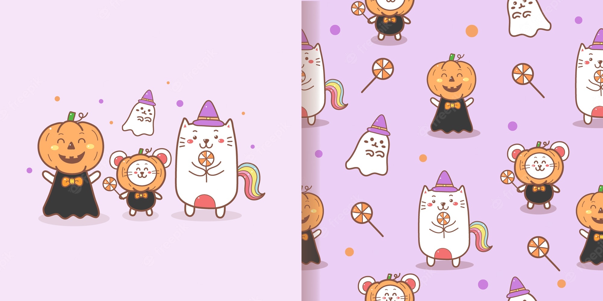 Premium Vector. Cute halloween seamless pattern kawaii doodle with purple background