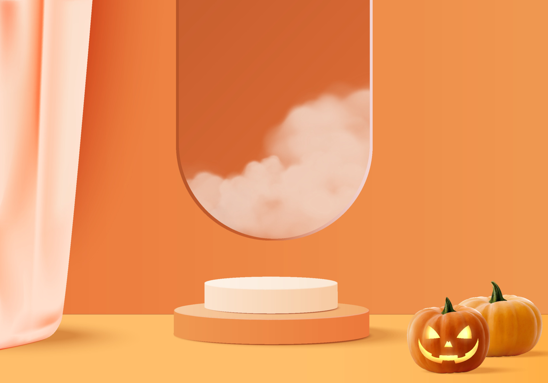 Halloween minimal scene 3D with smoke and podium platform. Halloween background vector 3D rendering with pumpkin podium. stand to show products. Stage Showcase on pedestal modern orange pumpkin pastel Vector Art