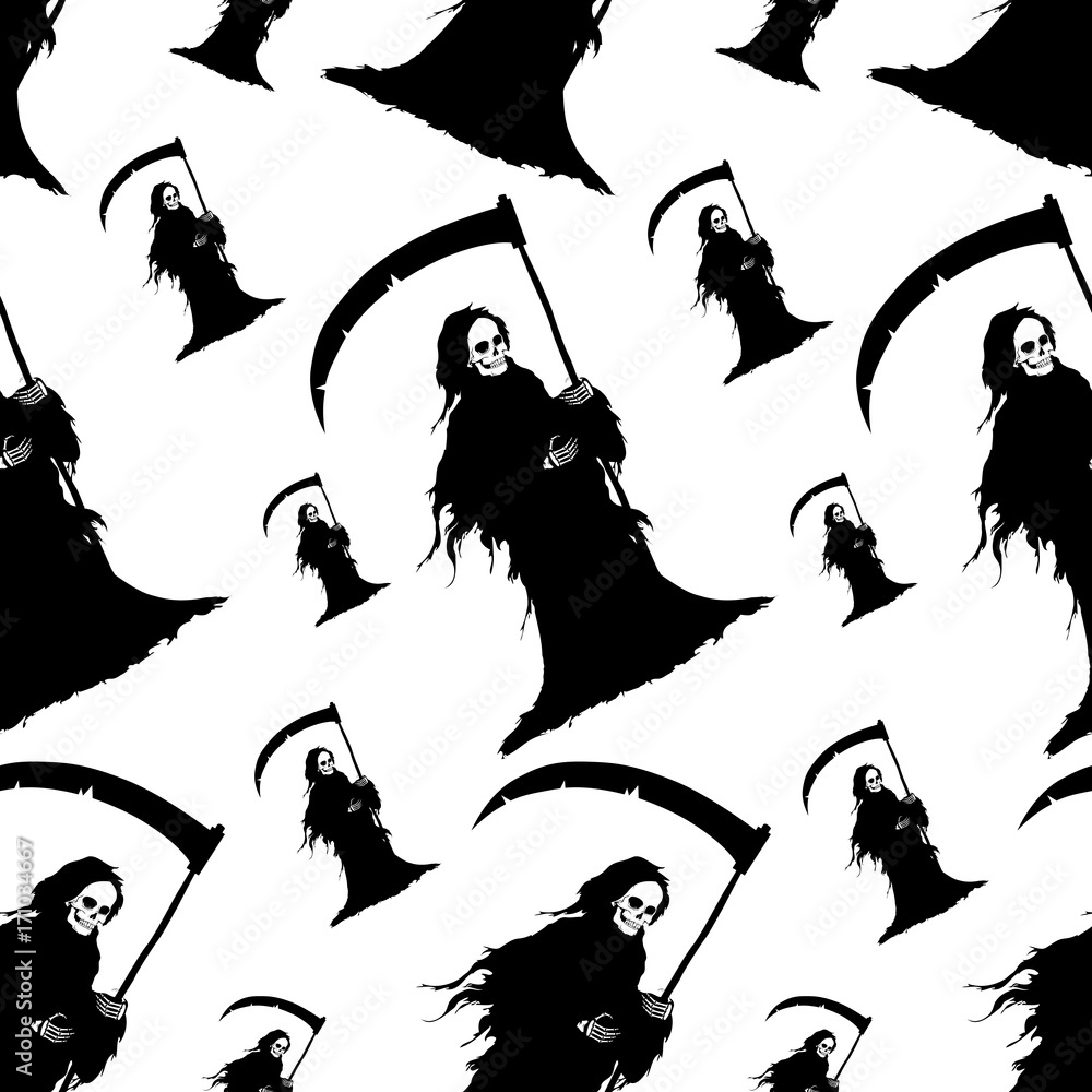 Seamless halloween background. The figure of death in a black shroud and scythe in hand. Design for Happy Halloween wrapping paper or wallpaper. Cartoon style. Doodles. Vector illustration. Stock Vector