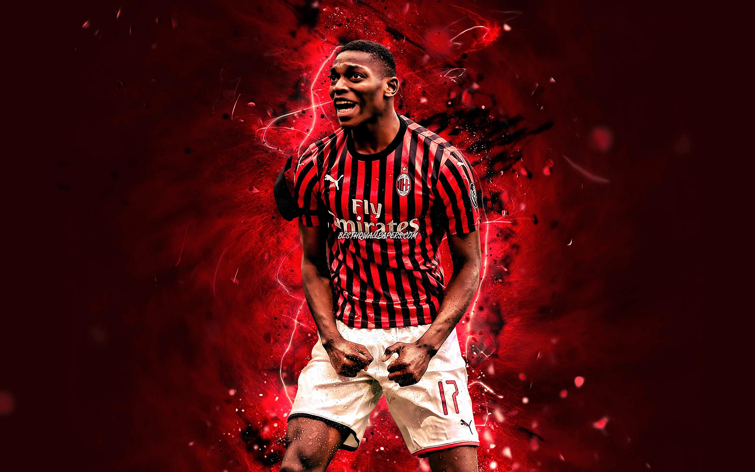 Download wallpaper Rafael Leao, 2020, AC Milan, Portuguese footballers, soccer, Serie A, Paolo Maldini son, Rafael Alexandre Conceicao Leao, Rossoneri, football, neon lights, Milan FC, Italy, Rafael Leao Milan for desktop with