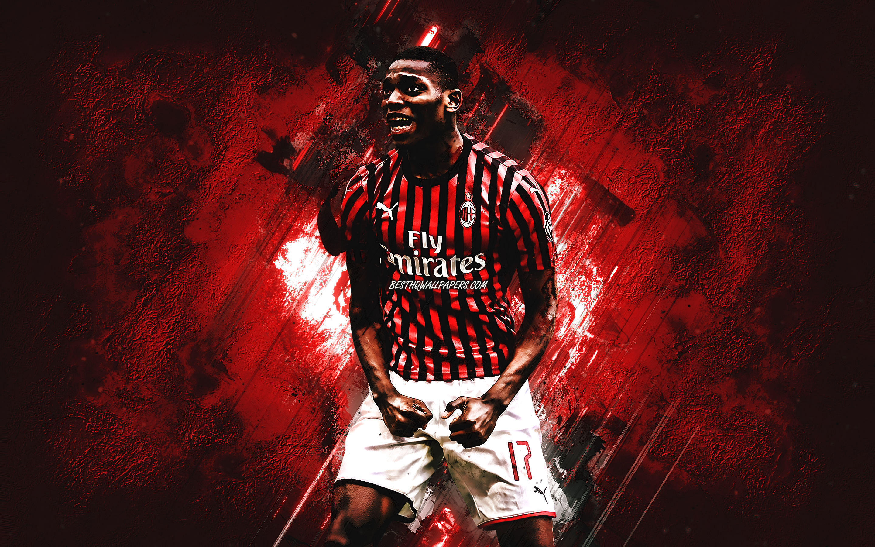 Download wallpaper Rafael Leao, AC Milan, Portuguese soccer player, portrait, Serie A, Italy, football, red stone background for desktop with resolution 2880x1800. High Quality HD picture wallpaper